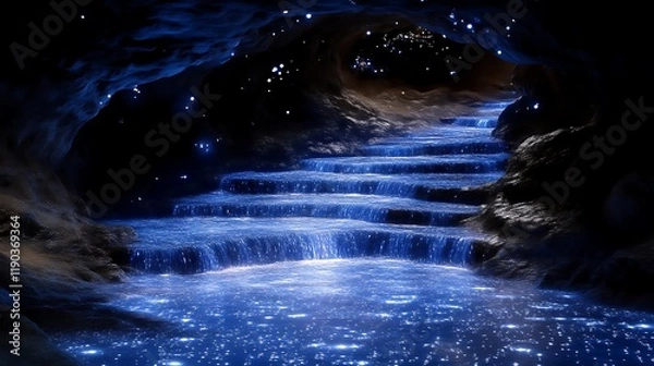 Fototapeta Enchanting Waterfall Cascading Down Steps In A Dark Cave