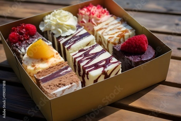 Fototapeta Assorted gourmet cake slices in a box with various toppings including raspberries, peach, and cream, displayed on a wooden table, perfect for a delectable dessert experience.