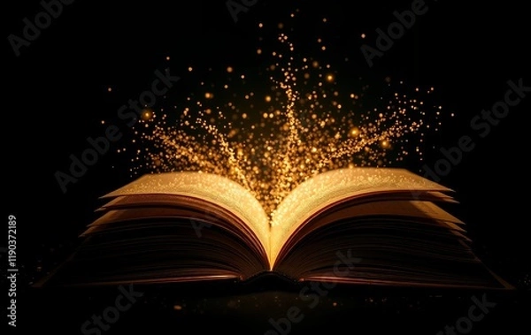 Fototapeta Open book emitting glowing golden light and magical sparkles on dark background, fantasy-inspired illustration with mystical ambiance