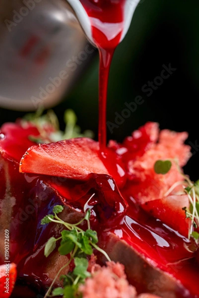 Fototapeta A vibrant and refreshing dessert featuring a slice of creamy cheesecake topped with fresh strawberries and a drizzle of sweet berry sauce.
