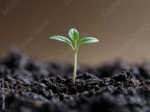 Fototapeta A delicate seedling plant, no more than a few centimeters tall, emerges from the dark, moist soil, its tender stem and tiny leaves a vibrant green, with gentle, fine details and intricate textures, se