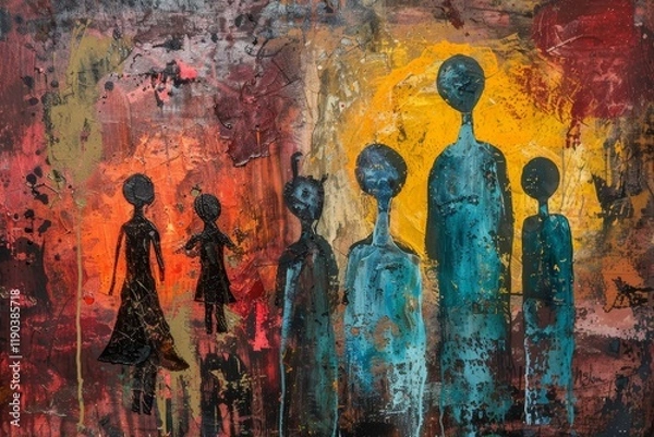 Obraz An abstract painting depicting the complexity of family relationships through stylized figures and bold colors, An abstract representation of unresolved family dynamics