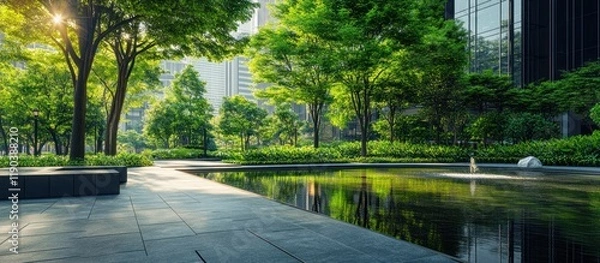 Fototapeta Sunlit urban park with reflecting pond, green trees, and modern buildings.