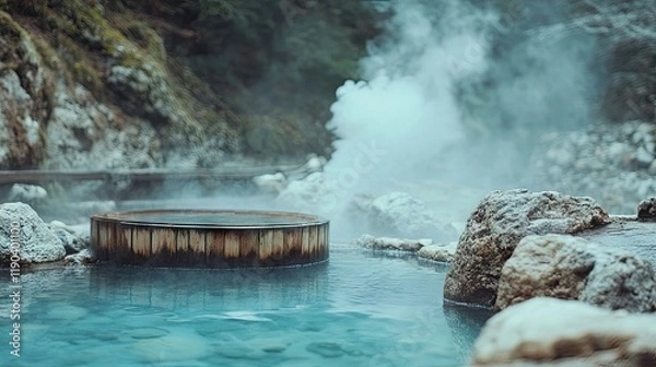 Fototapeta An open-air wooden tub with steam rising, placed near a hot spring in the mountains.