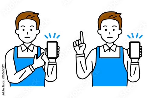 Fototapeta スマートフォンの画面を見せて説明するエプロン姿の男性　セット