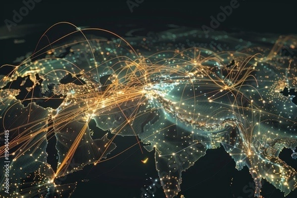 Fototapeta A digital map highlighting the flow of information between various locations across Europe and Asia, A visualization of the flow of information across borders