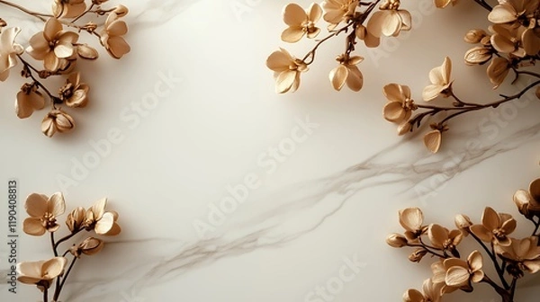 Fototapeta Golden Flowers Arranged on Marble Background
