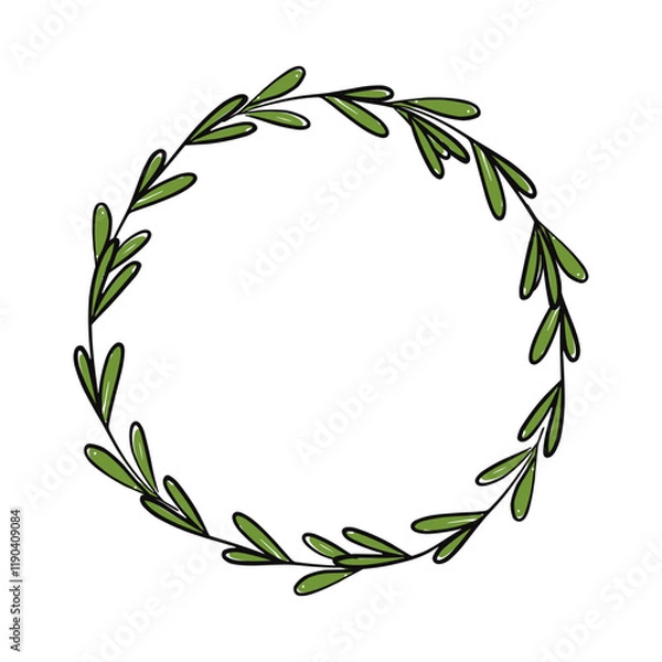 Fototapeta Hand drawn circular frame, wreath made of green leaves branches in fresh green tones for decorative use vector illustration