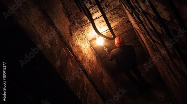 Fototapeta Worker using a torch in a dark narrow passageway