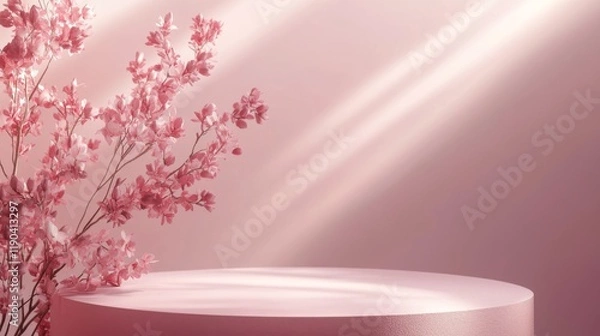 Fototapeta Romantic valentine's day background with soft pink and red hues featuring elegant podium or stage pedestal for product presentation, perfect for cosmetics mockups, celebrations, and love-themed events
