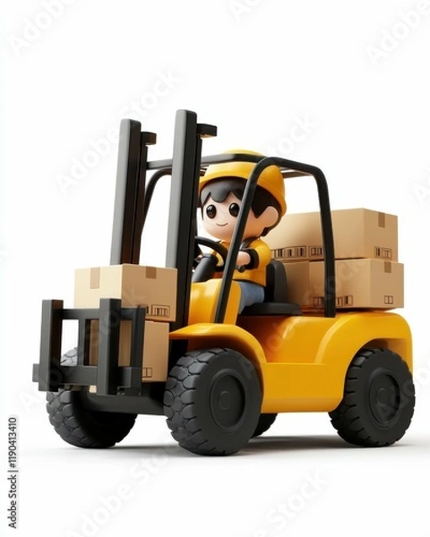 Fototapeta Forklift Action with Cartoon Character Warehouse Toy Scene Bright Environment Playful Viewpoint Fun Concept