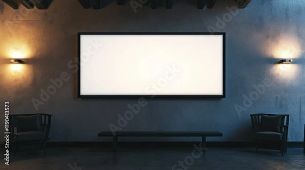 Fototapeta Blank billboard in modern gallery interior with chairs and bench.