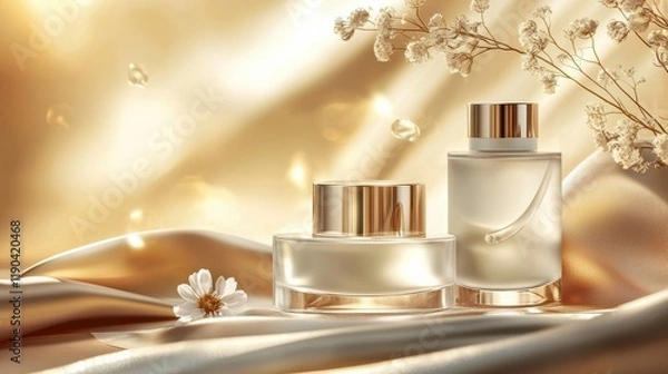Fototapeta Luxurious perfume bottles on satin fabric elegant display artful composition glamorous setting