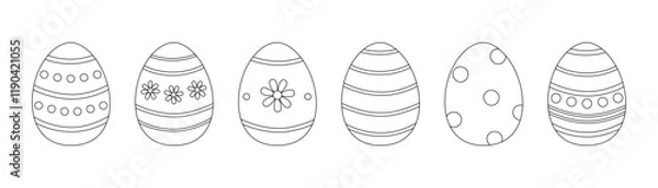 Obraz Coloring page with easter eggs set. Decorated eggs with stripes, polka dots and daisies. Spring holiday outline set. Coloring book for print. Vector illustration isolated on white background