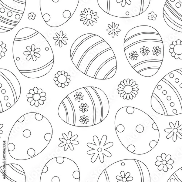 Fototapeta Contour seamless pattern with easter eggs and flowers. Cute outline holiday texture. Coloring page for print. Vector illustration on white background