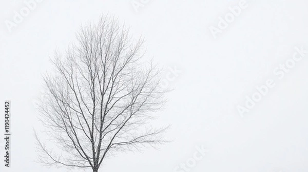 Fototapeta Single bare tree in fog, minimalist winter scene.