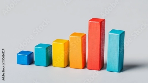 Obraz Colorful wooden blocks forming an ascending bar graph on a gray background, symbolizing growth, success, and progress.