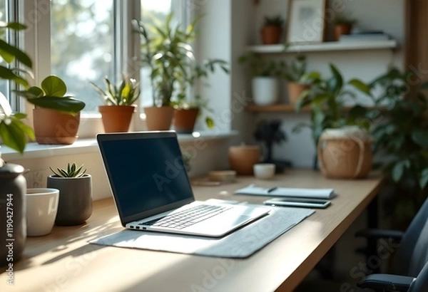 Fototapeta Bright and serene home office setup with laptop and indoor plants enhancing productivity in a cozy environment. Generative AI