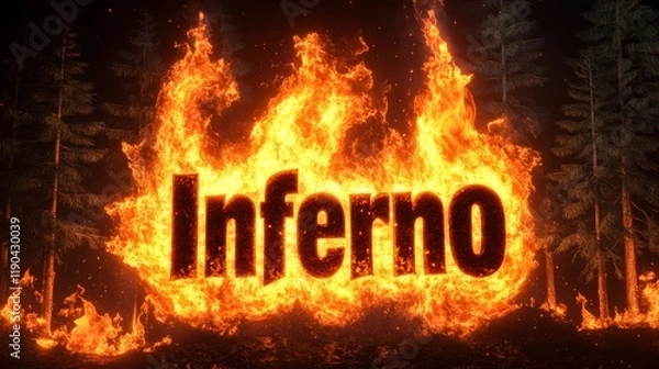 Obraz Inferno in the Forest - Fiery inferno, forest fire, burning trees, intense heat, word inferno. Symbolizes danger, destruction, power of nature.