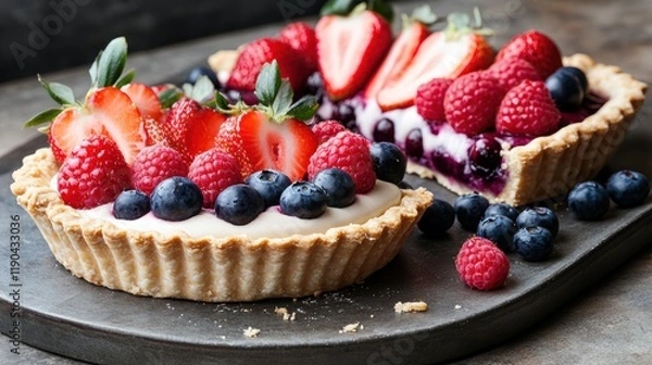 Fototapeta Fruit tart on a plate with pastry crust and colorful fruit toppings served on a wooden table