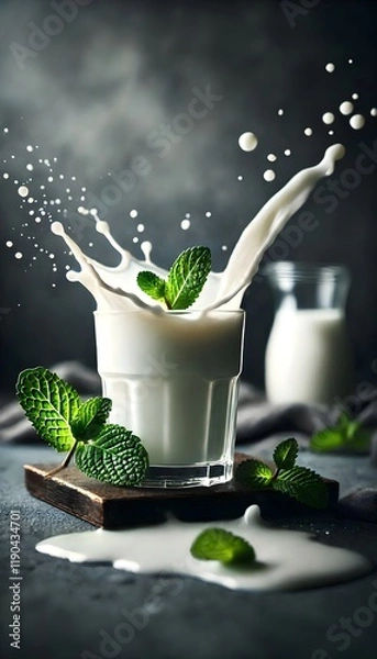 Obraz ayran doogh buttermilk kefir, a glass of probiotic yogurt milk with splash, and mint leaves, vertical dark background