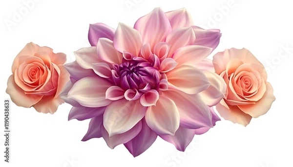 Fototapeta Hyper-realistic clipart of dahlia with two roses, isolated against white background,