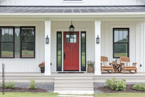 Fototapeta A front door detail of a white modern farmhouse with a red front door, black light fixtures, and a covered porch with white pillars.  