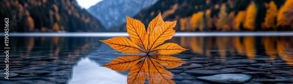 Fototapeta Autumn Serenity: A single, vibrant orange leaf floats on a still lake, its reflection mirroring the surrounding autumnal landscape, creating a harmonious scene of tranquility and natural beauty.