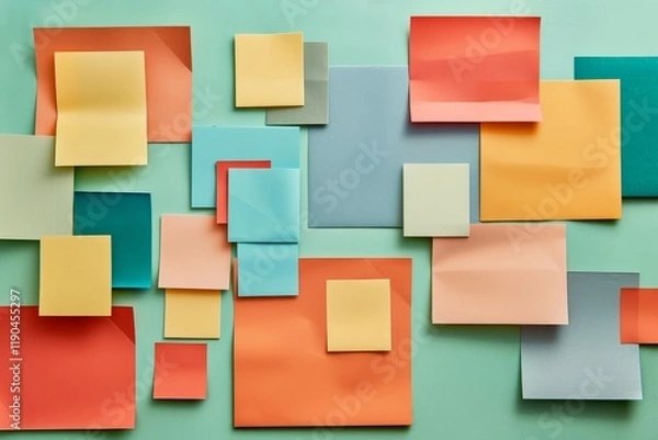 Fototapeta A collection of various sized and colored sticky notes placed on a light green background, A pack of sticky notes in various sizes and colors