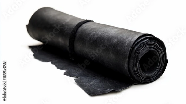 Fototapeta Rolled black rubber sheet with frayed edges on white background.