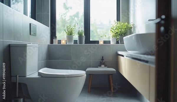 Fototapeta Modern Bathroom Design: Serene Space with Plants and Grey Tiles, Featuring a Minimalist Toilet and Vanity.