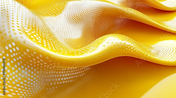 Fototapeta A Abstract yellow and white fabric is textured with a perforated dot pattern, creating a wave-like, flowing effect.