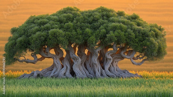 Fototapeta A low, wide tree with many braided trunks sits in a golden field