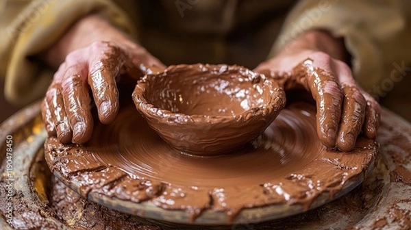 Obraz Hands shaping clay bowl on pottery wheel.