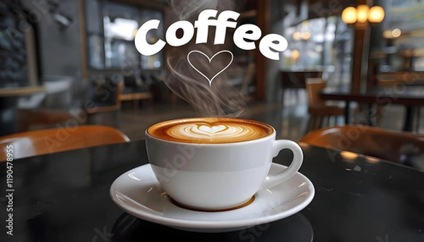 Fototapeta A steaming coffee cup on a table in a cozy coffee shop, ideal for promoting cafés, beverages, and warm atmospheres.