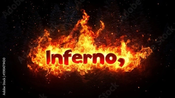 Obraz Inferno Fire Text Effect - Fiery inferno, burning text, dark background, hot flames, intense heat. Symbolizes danger, passion, power, destruction, transformation.