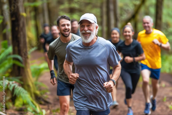 Fototapeta Smiling senior man running with a diverse group of people on a forest trail, promoting fitness, health, and an active outdoor lifestyle