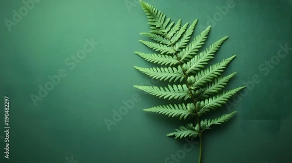 Fototapeta Delicate fern frond presents detailed leaves against minimal green background, featuring natural organic composition with soft shadows in clean modern botanical photography style.