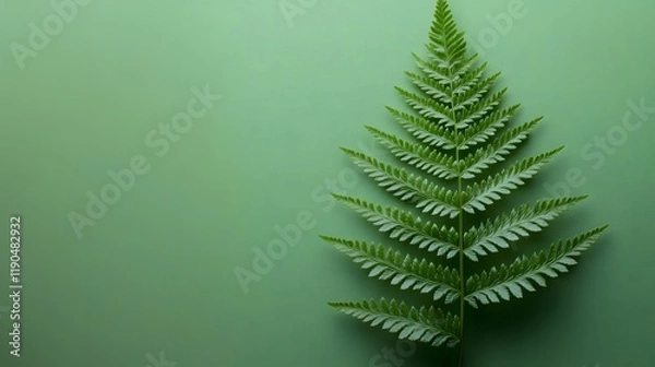 Fototapeta Delicate fern frond presents detailed leaves against minimal green background, featuring natural organic composition with soft shadows in clean modern botanical photography style.