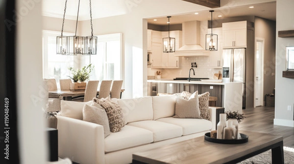 Fototapeta This photo showcases a beautifully designed modern minimalist home interior, featuring clean lines, sleek furniture, and a neutral color palette. Generative AI