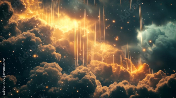 Fototapeta Golden rays of light piercing dramatic stormy clouds in a celestial background