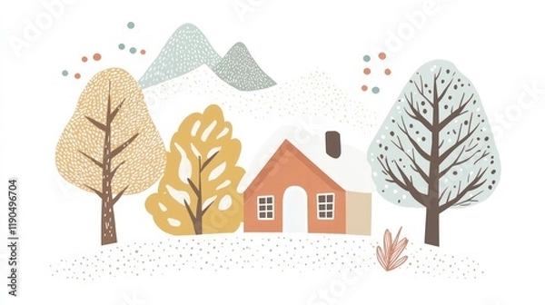 Obraz Cozy winter cottage scene, snowy mountains, trees, illustration, children's book