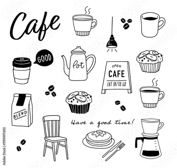 Fototapeta 手描きのカフェイラストセット_線画
