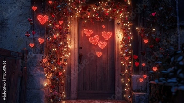 Obraz A festive doorway decorated with heart-shaped garlands and fairy lights