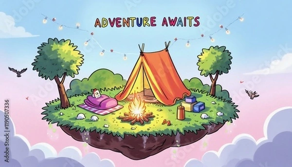 Obraz A cozy camping setup on a floating island in the sky, with clouds and birds surrounding it