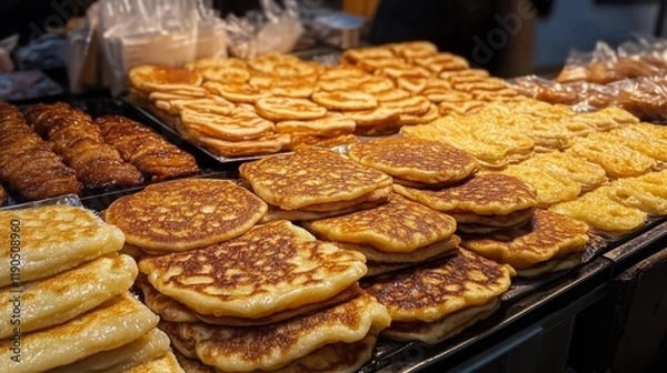 Obraz Delicious Stacks of Pancakes at a Street Food Market