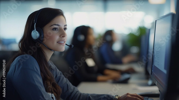Fototapeta Photo of a customer service team working in a call center office, with the focus on a woman wearing a headset and using a computer to serve customers. Ai generated
