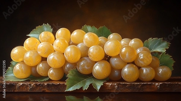 Fototapeta A still life image of a bunch of golden grapes with green leaves