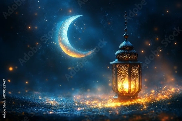 Fototapeta A Ramadan background featuring a crescent moon and stars, with a glowing lantern