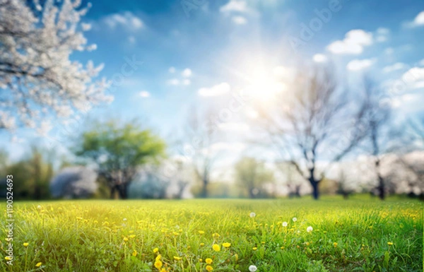 Obraz Beautiful spring blurred nature landscape. Background with young juicy green grass with blooming dandelions against the background of flowering trees in the garden.